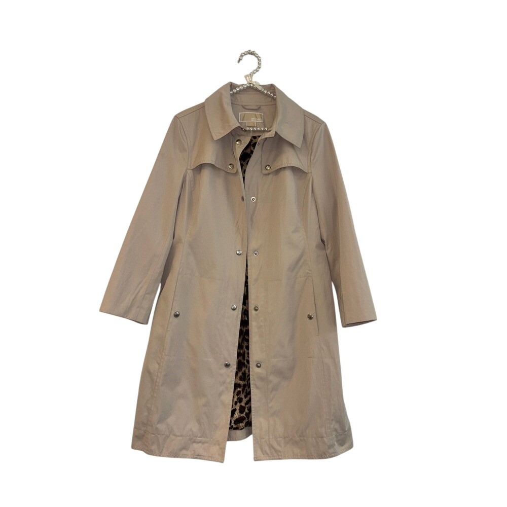 Michael Kors Women Khaki Tan Trench Coat Leopard Print Lining Snap Front Size M